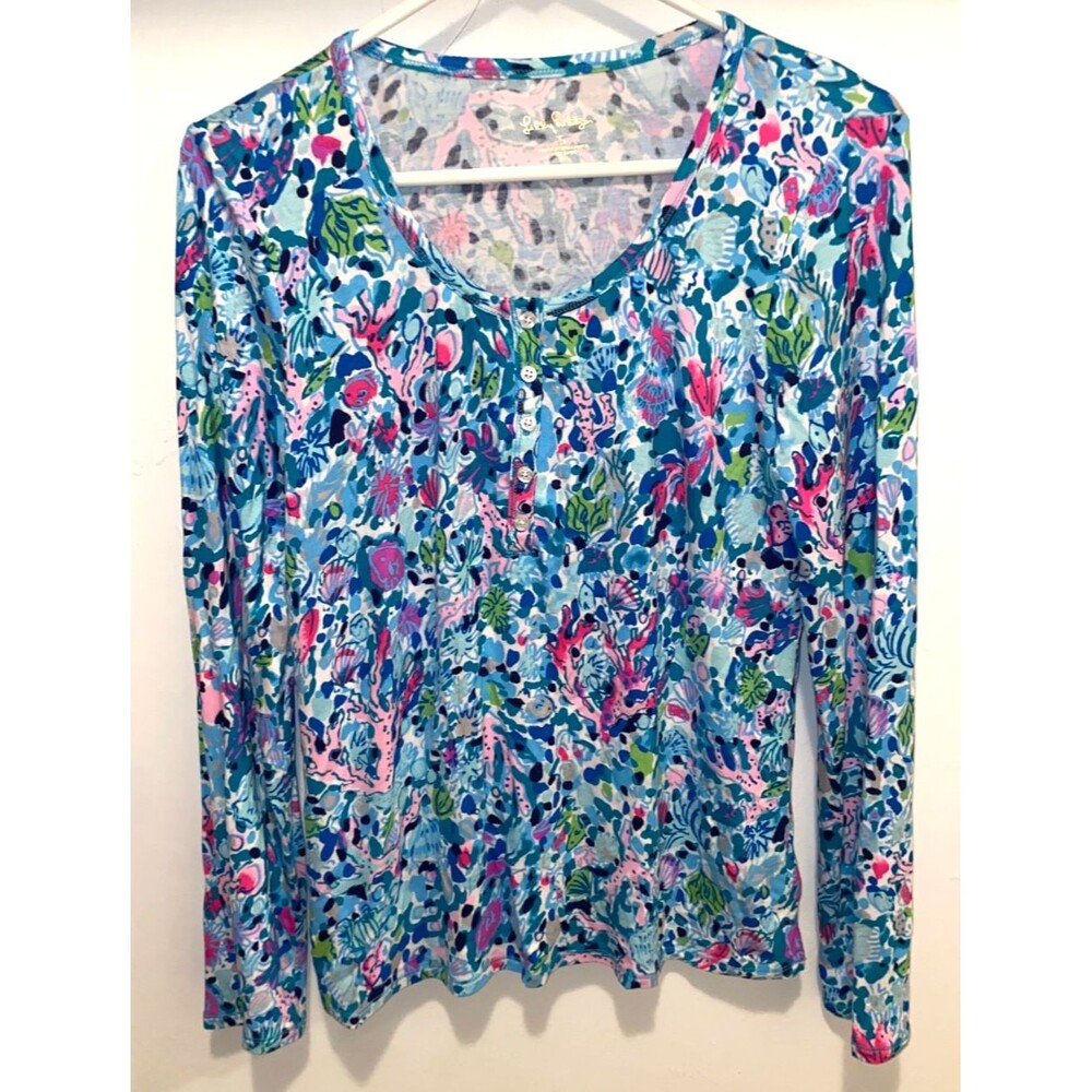Lilly Pulitzer Sorella Henley Long Sleeve Top Sparkling Blue Oh Shucks S Henley